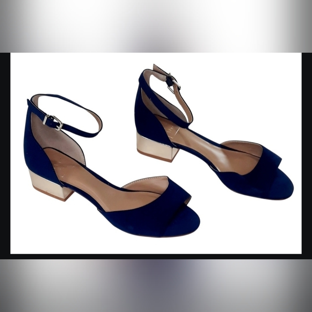 Kaari Blue Navy Blue Ankle Strap Low Block Heel Sandals